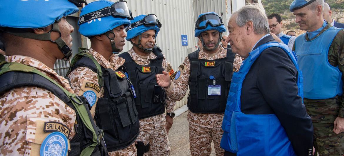 UN Secretary-General António Guterres (right) meets UN peacekeepers from Sri Lanka in Naqoura in southern Lebanon.