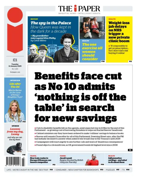 The headline on the front page of the i reads: "Benefits face cut as No 10 admits 'nothing is off the table' in search for new savings"