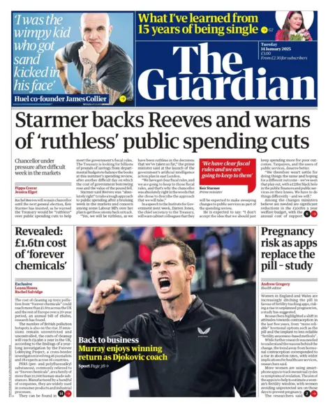 The headline on the front page of the Guardian reads: "Starmer backs Reeves and warns of 'ruthless' public spending cuts"