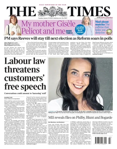 The headline on the front page of the Times reads: "Labour law threatens customers' free speech"