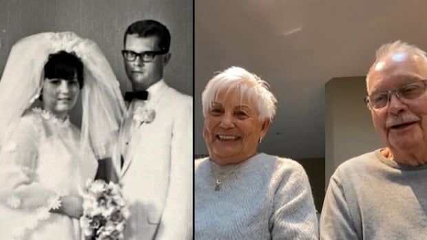 A black and white wedding photo on the left, and a couple smiling on the right