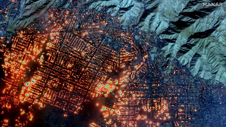 Shortwave infrared closer satellite image of burning buildings in Altadena.
Pic: Maxar