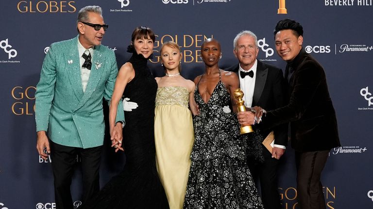 Wicked stars and filmmakers (L-R): Jeff Goldblum, Michelle Yeoh, Ariana Grande, Cynthia Erivo, Marc Platt, and Jon M Chu. Pic: AP